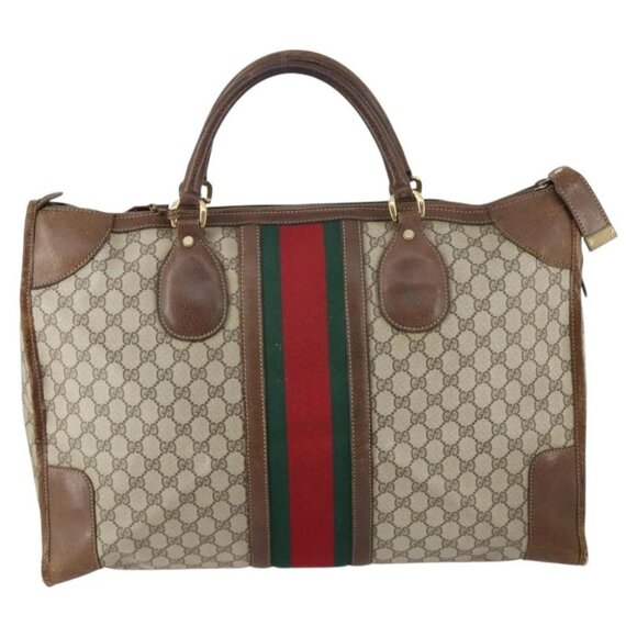 GUCCI GG Supreme Web Sherry Line Boston Bag PVC Beige Gold - Picture 2 of 16